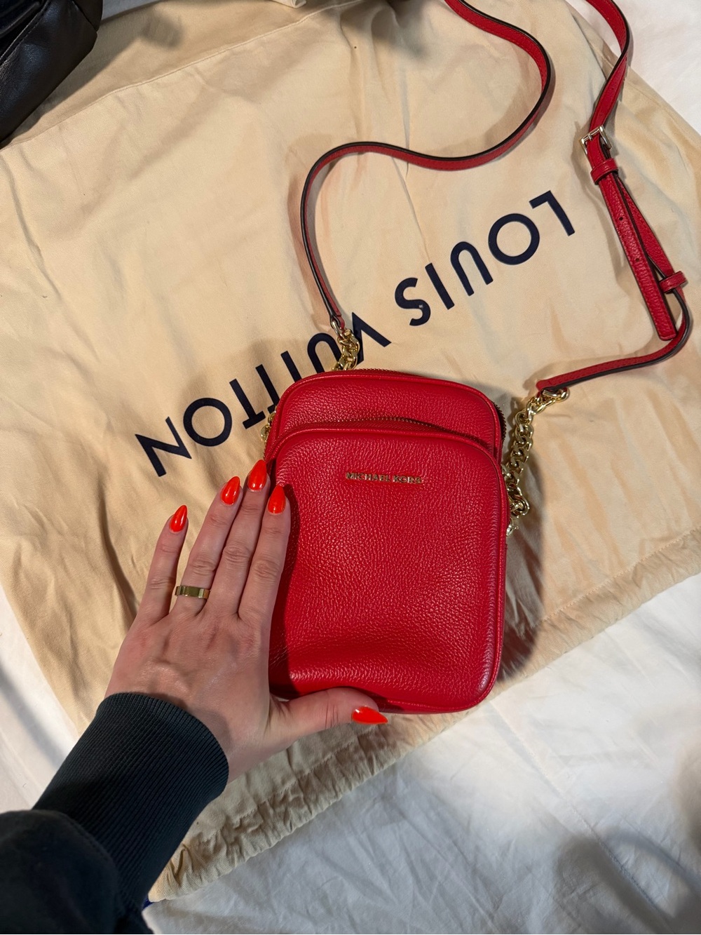 Michael Kors Red Pebbled Leather Mini Crossbody with Gold Hardware